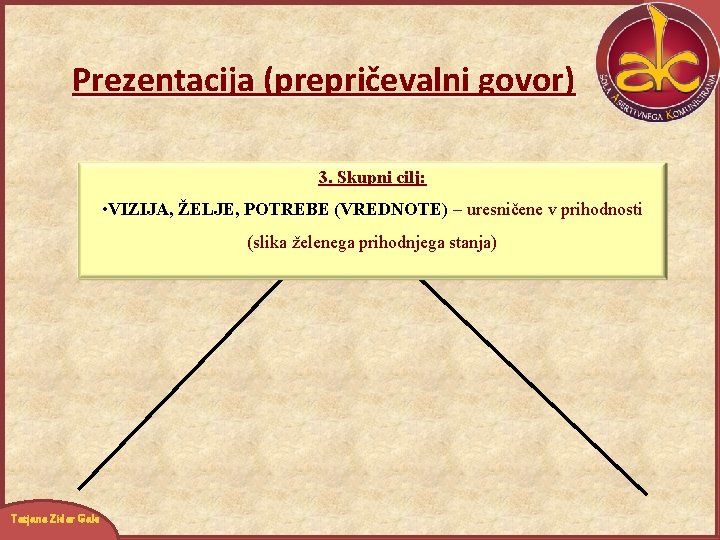 Prezentacija (prepričevalni govor) 3. Skupni cilj: • VIZIJA, ŽELJE, POTREBE (VREDNOTE) – uresničene v