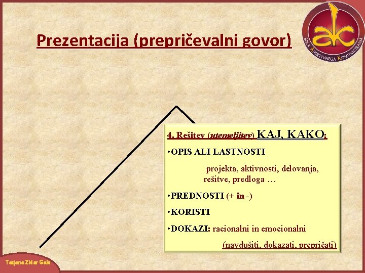 Prezentacija (prepričevalni govor) 4. Rešitev (utemeljitev) KAJ, KAKO: • OPIS ALI LASTNOSTI projekta, aktivnosti,