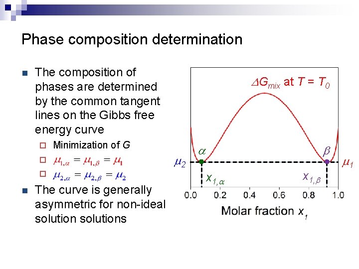 Phase composition determination n The composition of phases are determined by the common tangent