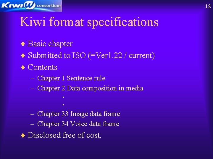 12 Kiwi format specifications ¨ Basic chapter ¨ Submitted to ISO (=Ver 1. 22