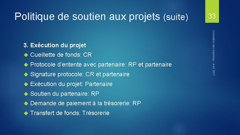 Politique de soutien aux projets (suite) Cueillette de fonds: CR Protocole d’entente avec partenaire: