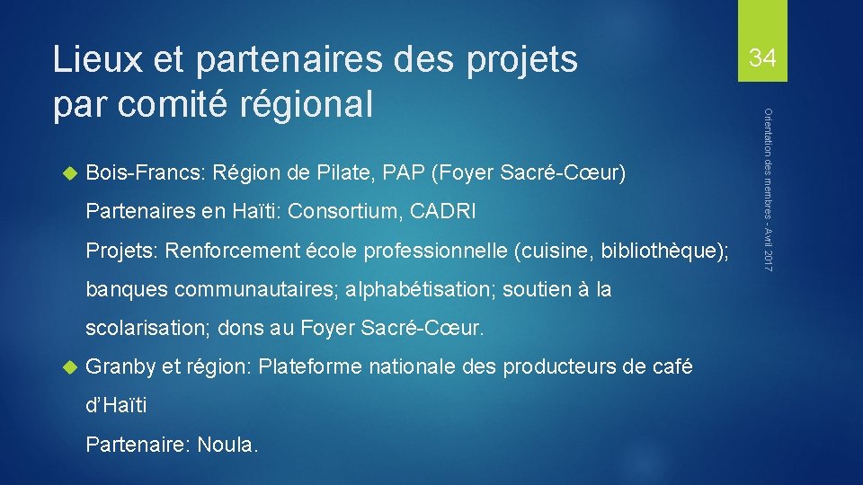  Bois-Francs: Région de Pilate, PAP (Foyer Sacré-Cœur) Partenaires en Haïti: Consortium, CADRI Projets:
