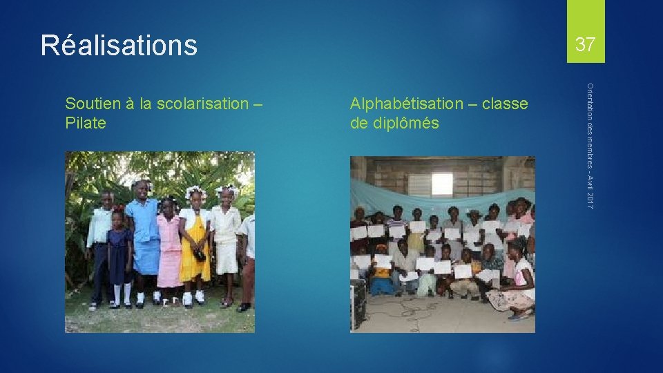 Réalisations Alphabétisation – classe de diplômés Orientation des membres - Avril 2017 Soutien à