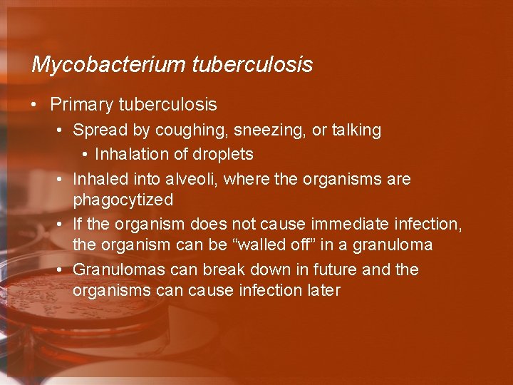 Mycobacterium tuberculosis • Primary tuberculosis • Spread by coughing, sneezing, or talking • Inhalation