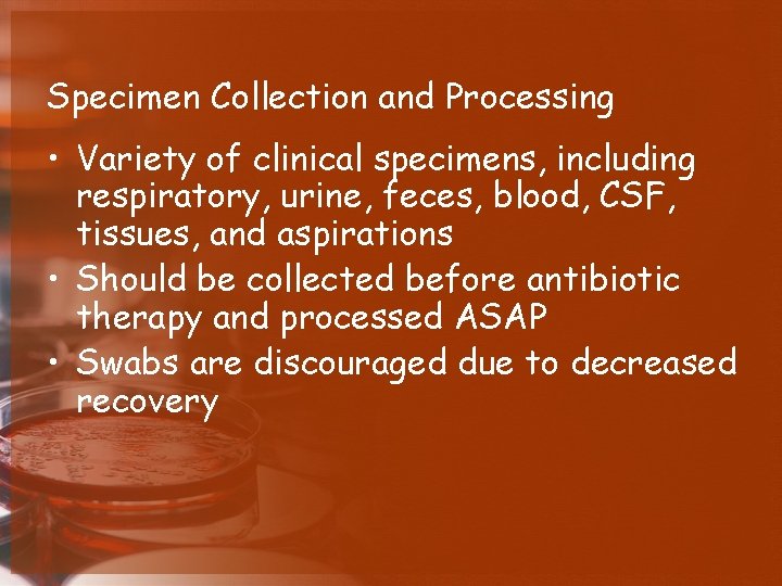 Specimen Collection and Processing • Variety of clinical specimens, including respiratory, urine, feces, blood,