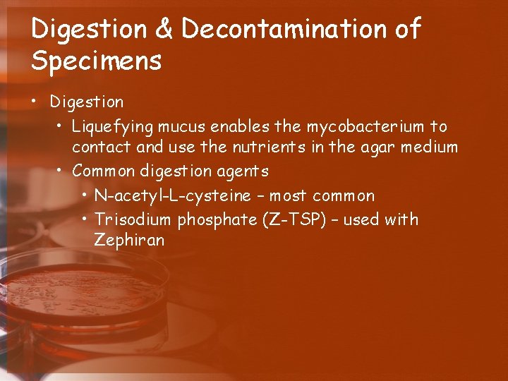 Digestion & Decontamination of Specimens • Digestion • Liquefying mucus enables the mycobacterium to