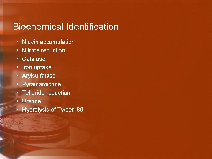 Biochemical Identification • • • Niacin accumulation Nitrate reduction Catalase Iron uptake Arylsulfatase Pyrainamidase