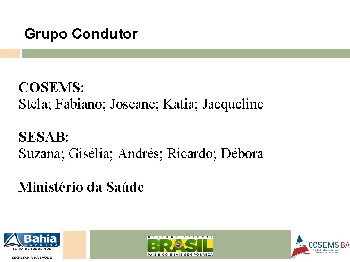 Grupo Condutor COSEMS: Stela; Fabiano; Joseane; Katia; Jacqueline SESAB: Suzana; Gisélia; Andrés; Ricardo; Débora