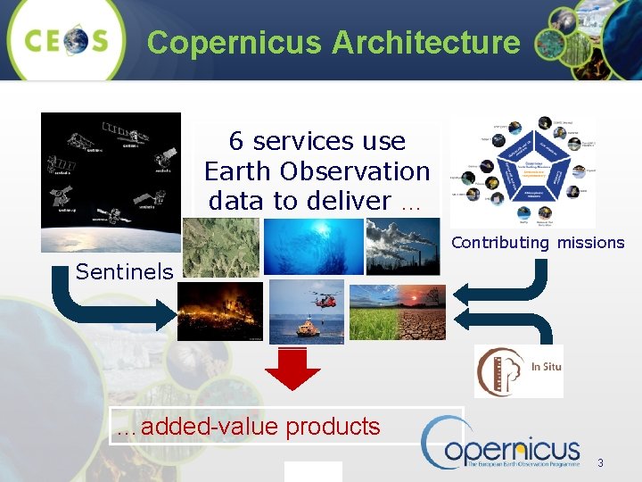 Copernicus Architecture 6 services use Earth Observation data to deliver … Contributing missions Sentinels