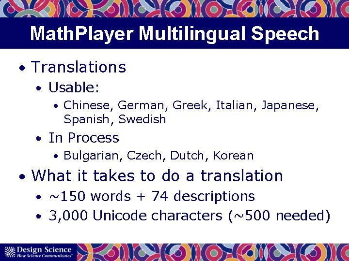 Math. Player Multilingual Speech • Translations • Usable: • Chinese, German, Greek, Italian, Japanese,