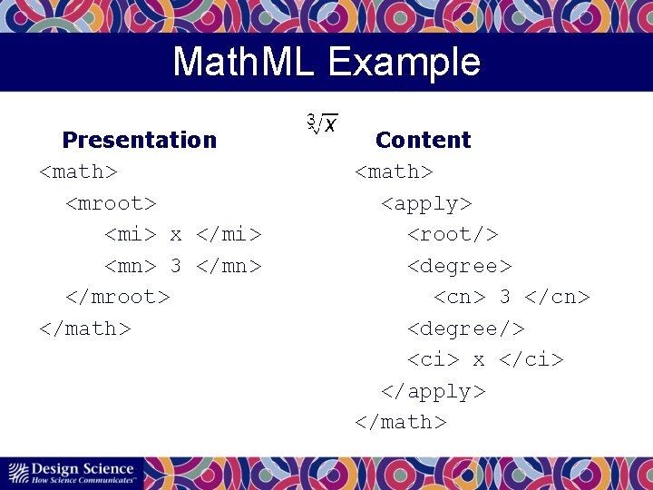 Math. ML Example Presentation <math> <mroot> <mi> x </mi> <mn> 3 </mn> </mroot> </math>