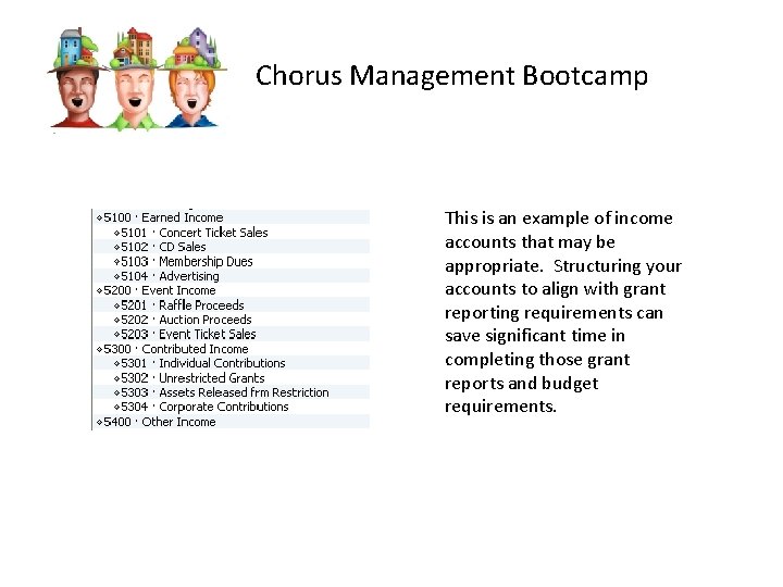 Chorus Management Bootcamp This is an example of income accounts that may be appropriate.