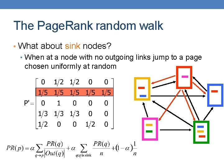 The Page. Rank random walk • What about sink nodes? • When at a