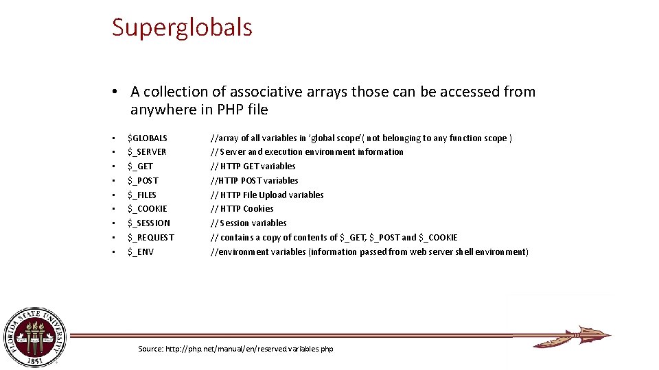 Superglobals • A collection of associative arrays those can be accessed from anywhere in