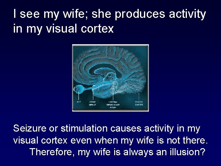 I see my wife; she produces activity in my visual cortex Seizure or stimulation