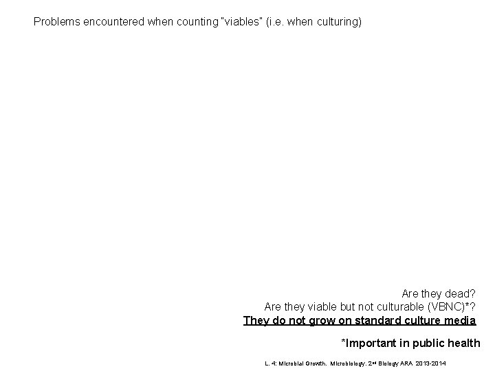 Problems encountered when counting “viables” (i. e. when culturing) Are they dead? Are they