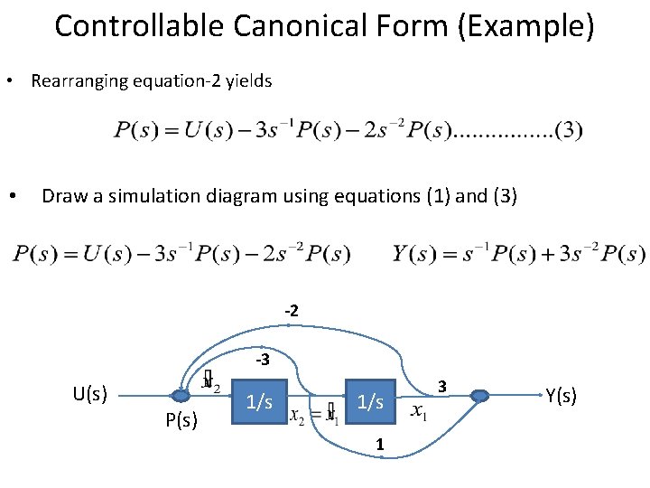 Controllable Canonical Form (Example) • Rearranging equation-2 yields • Draw a simulation diagram using