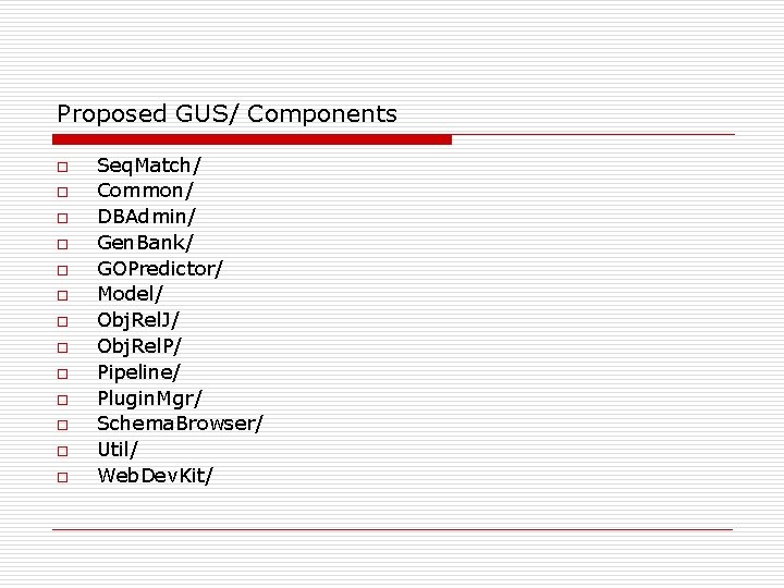 Proposed GUS/ Components o o o o Seq. Match/ Common/ DBAdmin/ Gen. Bank/ GOPredictor/