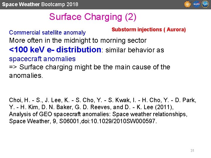 Space Weather Bootcamp 2018 Surface Charging (2) Commercial satellite anomaly Substorm injections ( Aurora)