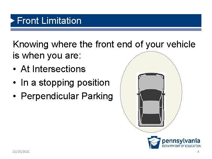 Front Limitation Knowing where the front end of your vehicle is when you are: