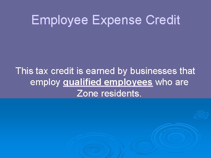 Employee Expense Credit This tax credit is earned by businesses that employ qualified employees