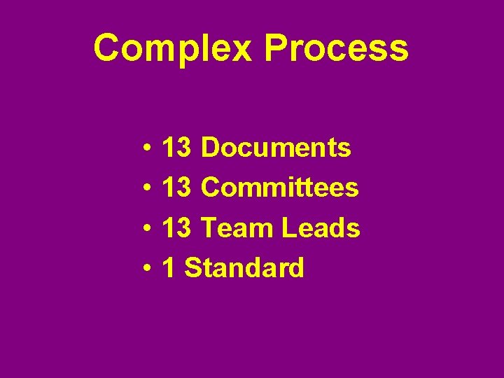 Complex Process • • 13 Documents 13 Committees 13 Team Leads 1 Standard 