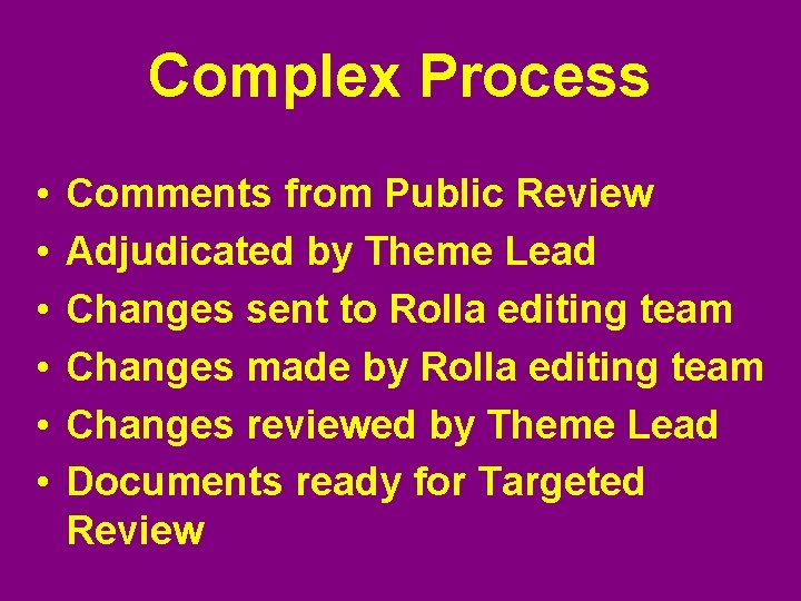 Complex Process • • • Comments from Public Review Adjudicated by Theme Lead Changes