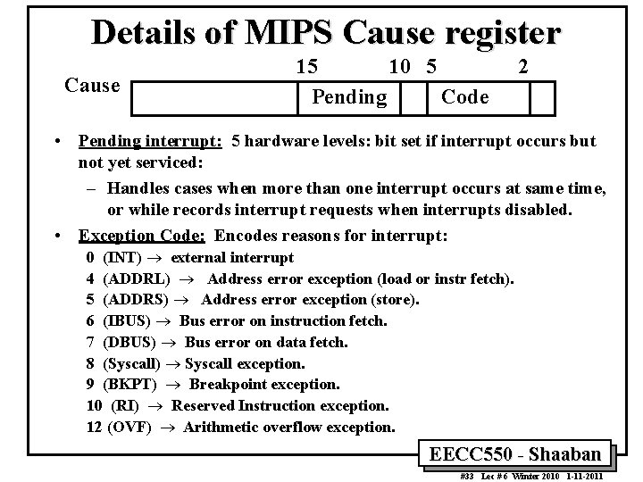 Details of MIPS Cause register Cause 15 10 5 Pending Code 2 • Pending