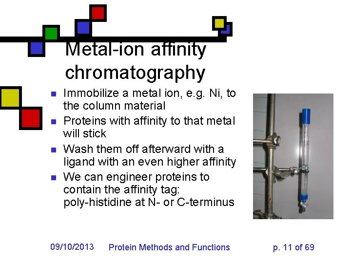 Metal-ion affinity chromatography n n Immobilize a metal ion, e. g. Ni, to the