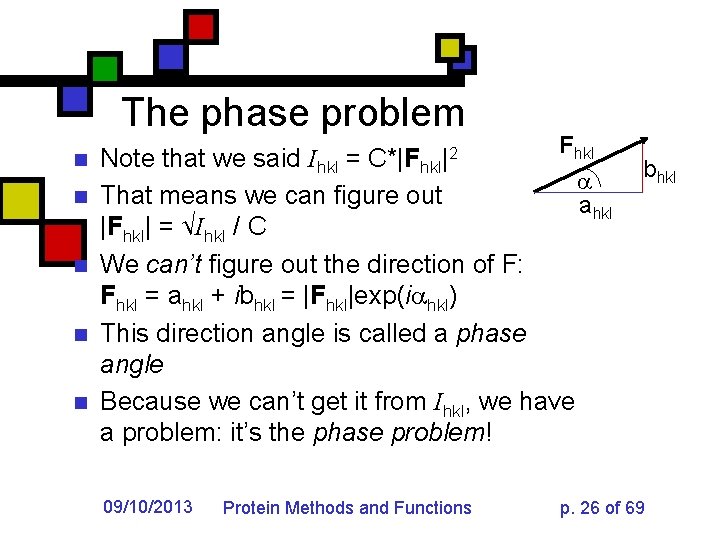 The phase problem n n n F hkl Note that we said Ihkl =