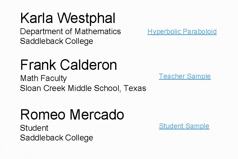 Karla Westphal Department of Mathematics Saddleback College Frank Calderon Math Faculty Sloan Creek Middle