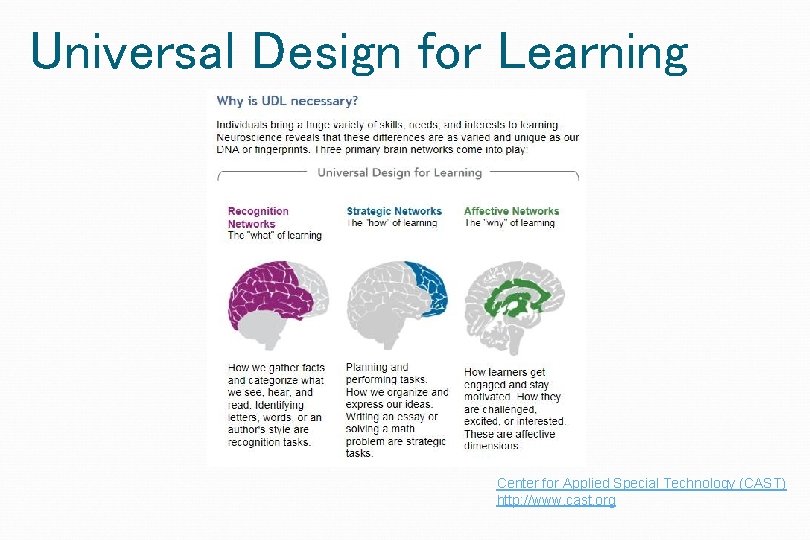 Universal Design for Learning Center for Applied Special Technology (CAST) http: //www. cast. org