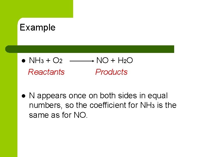 Example l NH 3 + O 2 Reactants NO + H 2 O Products