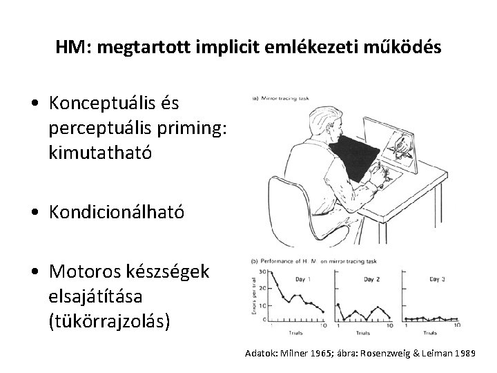 HM: megtartott implicit emlékezeti működés • Konceptuális és perceptuális priming: kimutatható • Kondicionálható •