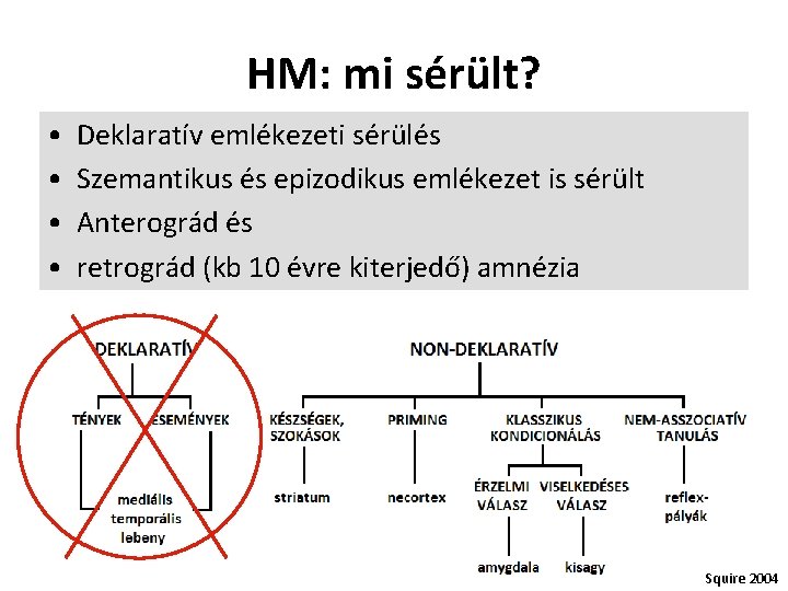 HM: mi sérült? • • Deklaratív emlékezeti sérülés Szemantikus és epizodikus emlékezet is sérült