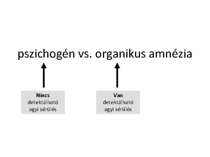 pszichogén vs. organikus amnézia Nincs detektálható agyi sérülés Van detektálható agyi sérülés 