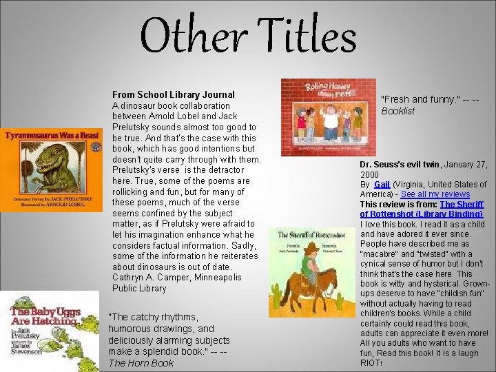 Other Titles From School Library Journal A dinosaur book collaboration between Arnold Lobel and