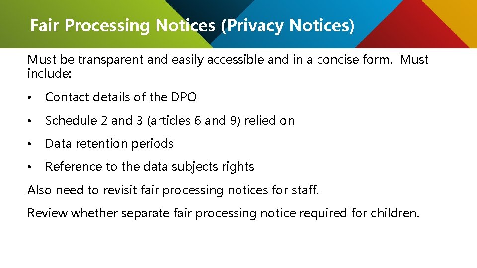 Fair Processing Notices (Privacy Notices) Must be transparent and easily accessible and in a
