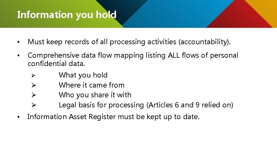 Information you hold • Must keep records of all processing activities (accountability). • Comprehensive
