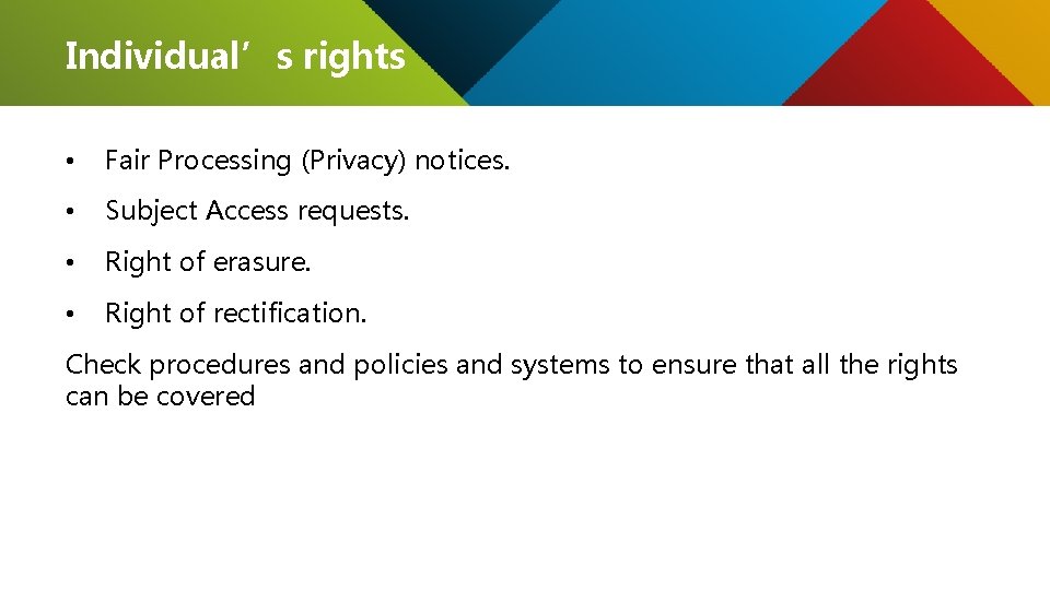 Individual’s rights • Fair Processing (Privacy) notices. • Subject Access requests. • Right of