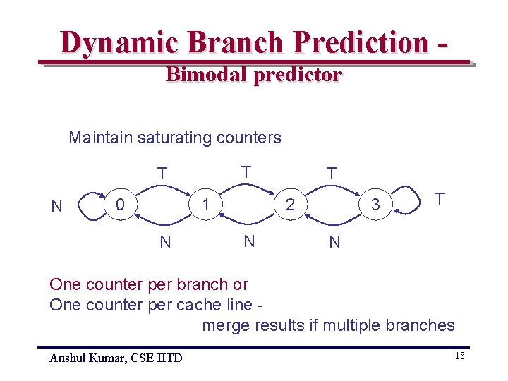 Dynamic Branch Prediction Bimodal predictor Maintain saturating counters T T N 0 1 N