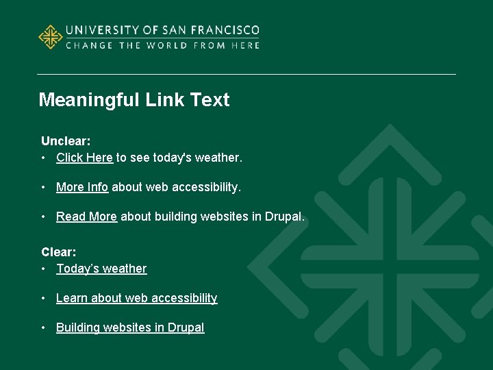 Meaningful Link Text Unclear: • Click Here to see today's weather. • More Info