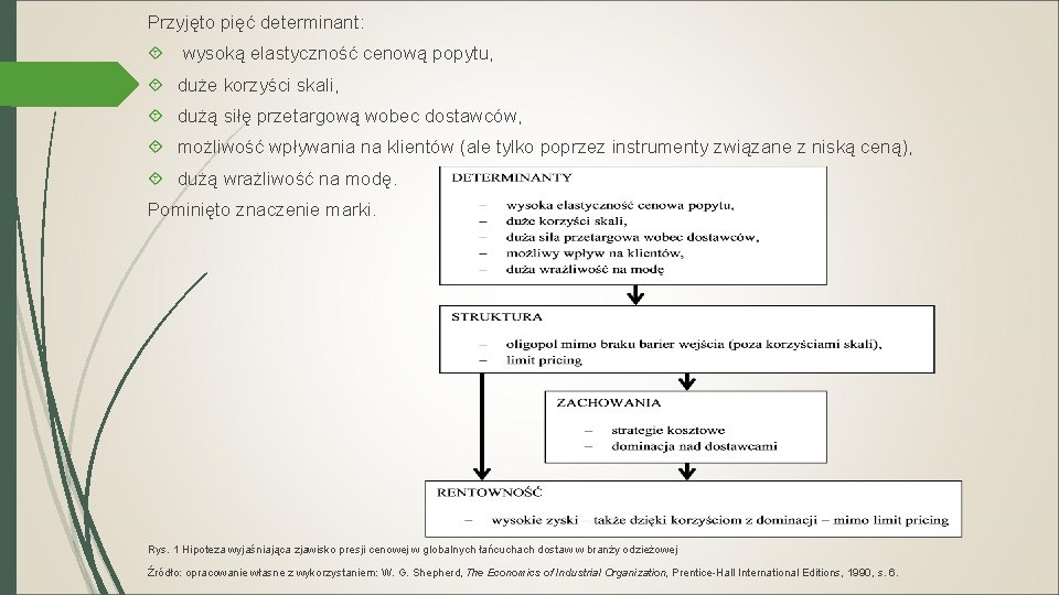 Przyjęto pięć determinant: wysoką elastyczność cenową popytu, duże korzyści skali, dużą siłę przetargową wobec