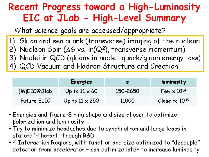 Recent Progress toward a High-Luminosity EIC at JLab - High-Level Summary What science goals