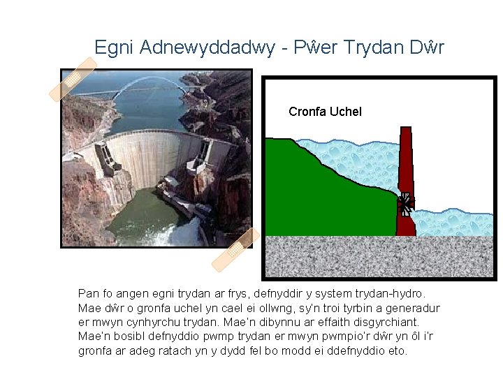 Egni Adnewyddadwy - Pŵer Trydan Dŵr Cronfa Uchel Pan fo angen egni trydan ar