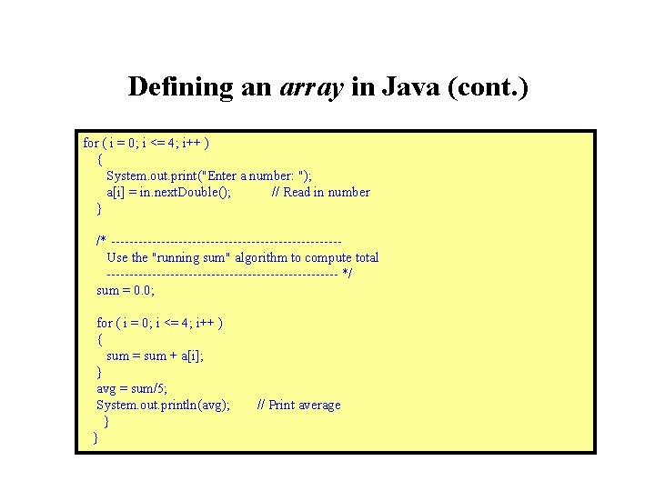Defining an array in Java (cont. ) for ( i = 0; i <= Defining an array in Java (cont. ) for ( i = 0; i <=