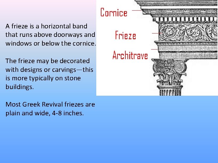 A frieze is a horizontal band that runs above doorways and windows or below