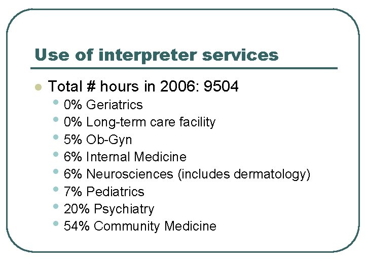 Use of interpreter services l Total # hours in 2006: 9504 • 0% Geriatrics