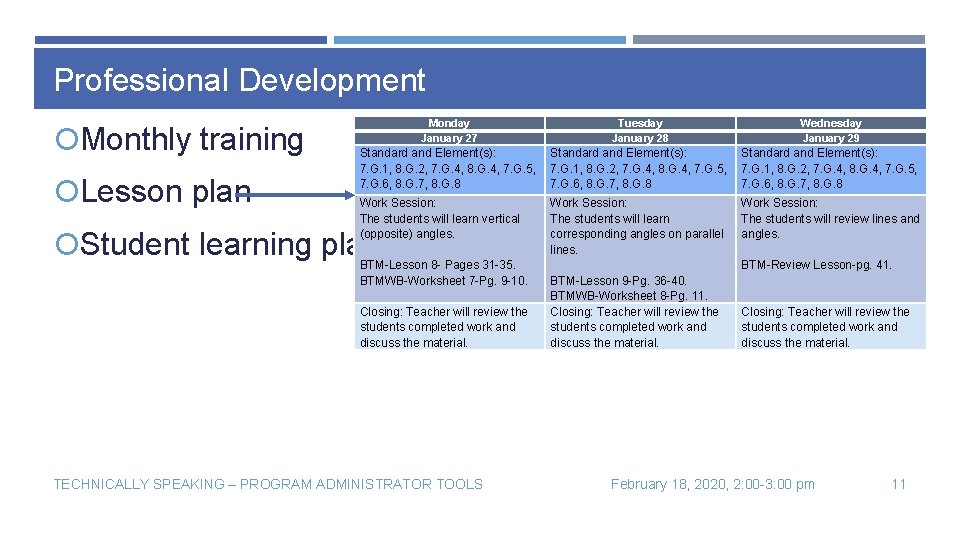 Professional Development Monthly training Lesson plan Monday January 27 Tuesday January 28 Wednesday January