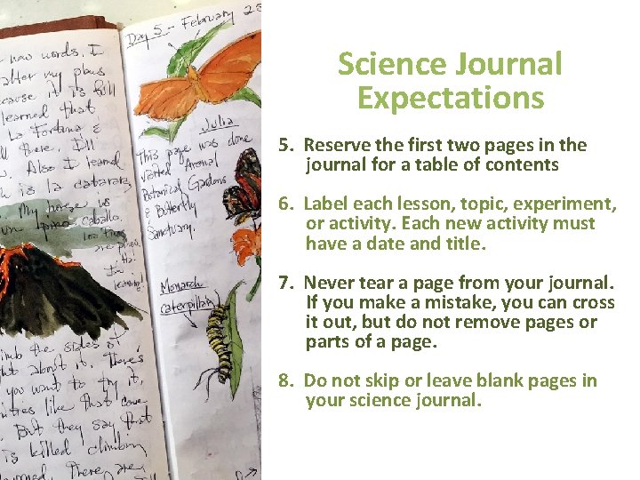 Science Journal Expectations 5. Reserve the first two pages in the journal for a